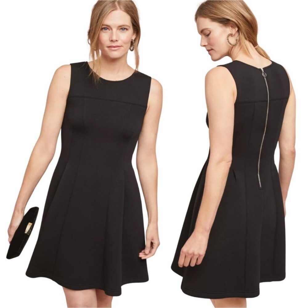 Anthropologie Maeve Scuba Debutante Black Dress A line back zip LBD fit + flare